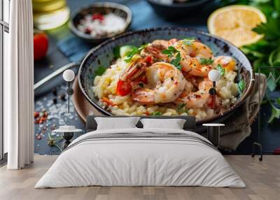 Gourmet shrimp risotto in a rustic bowl on dark table Wall mural