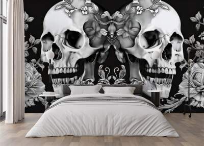 Monochrome symmetrical skulls and flowers pattern design Wall mural