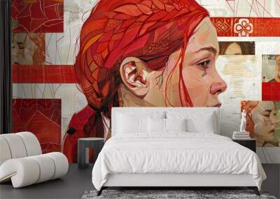 Redhead woman with freckles in a collage art portrait Wall mural