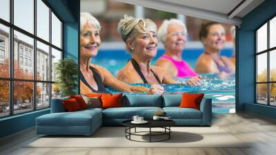 Senior women enjoying an aquatic fitness class in a swimming pool Wall mural