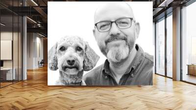 Smiling man taking selfie with adorable poodle on white background Wall mural