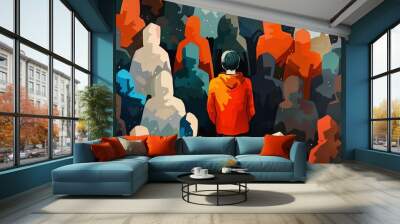 Solitary figure amid a vibrant crowd of abstract shapes Wall mural