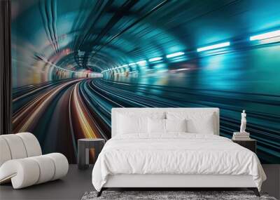 Speeding train in a subway tunnel with blurred light trails. Concept of speed and modern urban transport. Wall mural