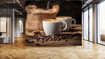 Steaming coffee cups with beans on rustic background Wall mural