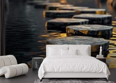 Stone steps across the water surface under golden light. Wall mural