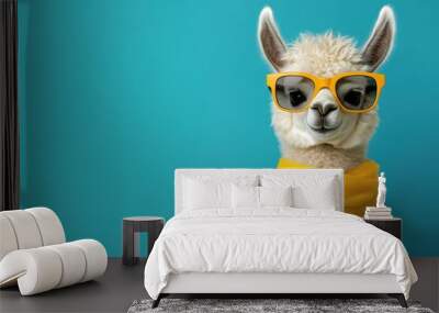 Stylish llama wearing yellow sunglasses scarf on blue background Wall mural