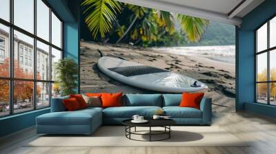 Surfboard on tropical beach ready for adventure Wall mural