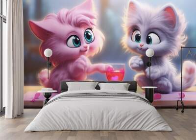 Two animated kittens, one pink, the other grey, with large eyes and fluffy fur, sitting at a table with pink hearts and a glass filled with hearts. Valentine's Day concept Wall mural