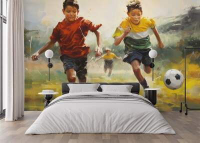 Two teenagers play soccer on a field surrounded by bright colors while the ball flies in the air. Wall mural