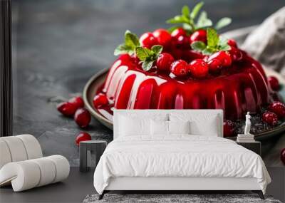 Vibrant cherry jelly dessert with fresh berries and mint Wall mural