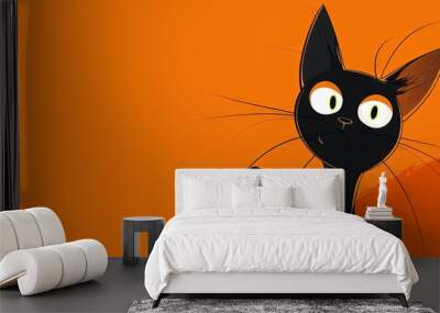 Whimsical black cat on orange background with expressive eyes Wall mural