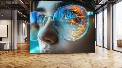 Woman with glasses reflecting network graphics. The concept of cyber-intelligence and modern technologies. Wall mural