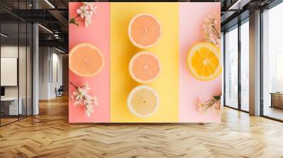 Mood board with summer color palette, including peach fuzz color, pink, sun-kissed yellow. Wall mural