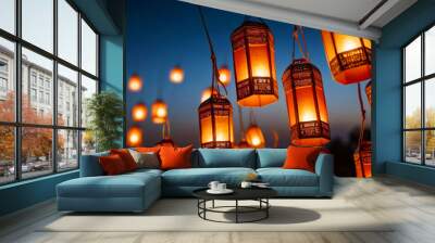 Floating lanterns illuminating the sky during a Diwali celebration, full of light and hope Wall mural