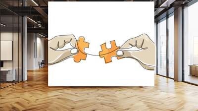 Continuous line drawing of hands solving puzzle pieces, jigsaw. Hands connecting puzzle pieces. One line colored drawing for business matching, teamwork, business metaphor of solving problem. Editable Wall mural