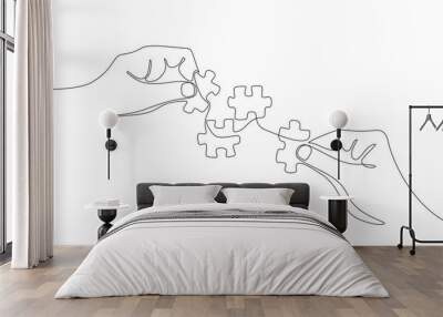 Continuous line drawing of hands solving puzzle pieces, jigsaw. Hands connecting puzzle pieces. One line drawing for Business matching, teamwork concept, business metaphor of solving problem, strategy Wall mural