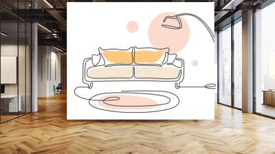 Continuous line drawing of sofa and lamp with abstract color shapes. One line interior Living room with modern furniture. Single line element Hand draw contour of indoor Doodle illustration Front view Wall mural