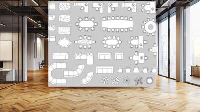 Furniture elements top view for plan of office, house, apartment, workspace. Vector set of objects. Collection of Interior icon. Kit with Table, chair, sofa, plant. Symbol for interior design, project Wall mural