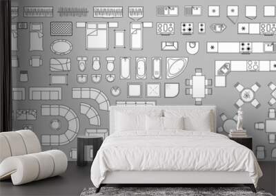 Furniture outline top view. Set of isolated linear icons for interior. Vector Illustration. Furniture and elements for apartments, living room, bedroom, kitchen, bathroom. Bed, sofa, table. Floor plan Wall mural