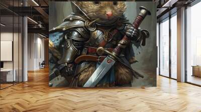 Hamster knight in armor, holding a sword, ready for battle in a fantasy setting Wall mural