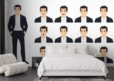 Asian business young man in black suit with different facial expressions set vector illustration isolated Wall mural