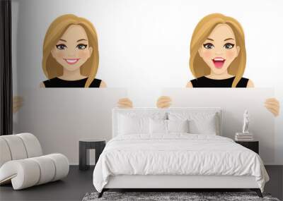 Beautiful smiling excited woman holding empty blank board isolated vector illustration Wall mural