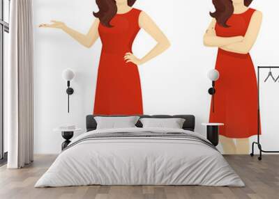 Beautiful woman in red dress standing in different poses isolated Wall mural