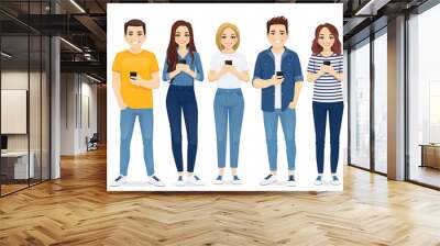 Beautiful young people in casual clothes with gadgets. Students use mobile phones vector illustration isolated Wall mural