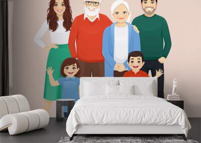 Big happy family with grandparents and childrens vector illustration isolated. Mother, father, daughter, son, grandfather, grandmother. Wall mural