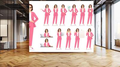 Big set of casual beautiful business woman wearing pale pink suit in different poses. Various gestures female character standing and sitting at the desk isolated vector illustration Wall mural