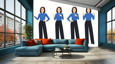 Business asian woman casual style clothes in different poses set. Various gestures - pointing, showing, holding empty blank board isolated vector illustration Wall mural