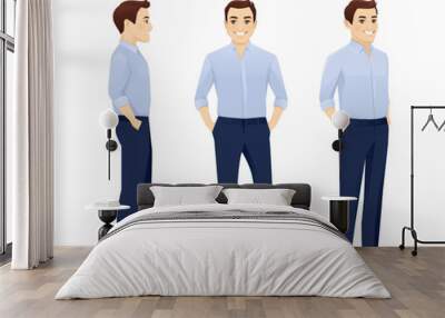 Business man in blue shirt in different sides view from the front, from the side and half turn with hands in the pockets. Vector illustration isolated Wall mural