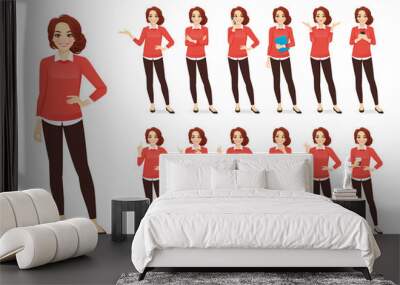 Casual business woman character in different poses set with red hair vector illustration Wall mural