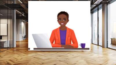 Elegant beautiful business woman in bright colors clothes using laptop computer sitting at the desk set isolated vector illustration Wall mural