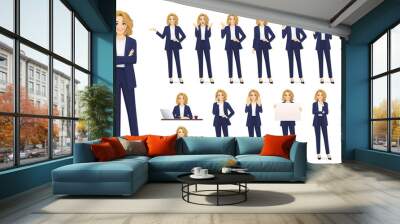 Elegant beautiful business woman in different poses set. Various gestures female character standing and sitting at the desk isolated vector illustration Wall mural