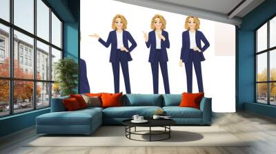 Elegant beautiful business woman in different poses set. Various gestures pointing, showing, standing, holding empty blank board isolated vector illustration Wall mural