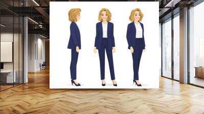 Elegant beautiful business woman in different side view from the front, from the side and half turn set. Isolated vector illustration Wall mural