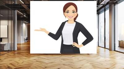 Elegant business woman in black dress showing isolated vector illustration Wall mural