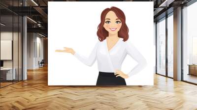 Elegant business woman in black dress showing isolated vector illustration Wall mural