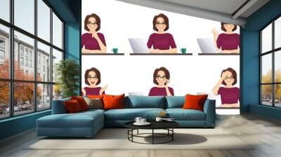 Elegant mature business woman using laptop computer sitting at the desk set isolated vector illustration Wall mural