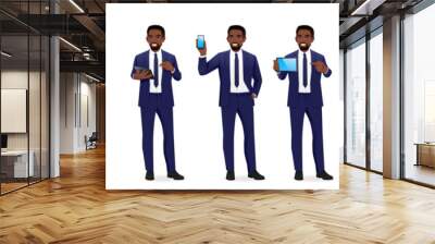 Handsome African business man in suit with gadgets phone and tablet set isolated vector illustration Wall mural