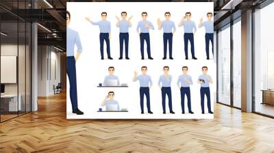 Handsome business young man in blue shirt. Different poses set. Various gestures male character standing and sitting at the desk isolated vector illustration Wall mural