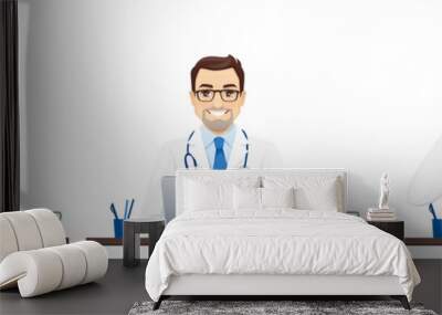 Male doctor using laptop computer sitting at the desk isolated vector illustration Wall mural