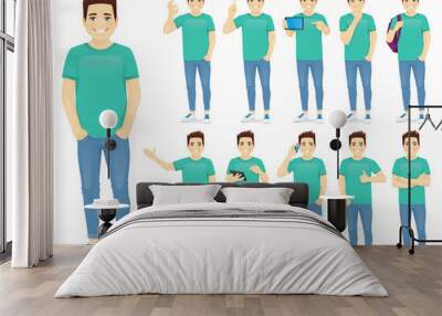 Man in casual outfit set with different gestures isolated Wall mural