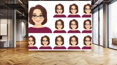 Mature beautiful woman avatar with different facial expressions wearing glasses set isolated vector illustration Wall mural