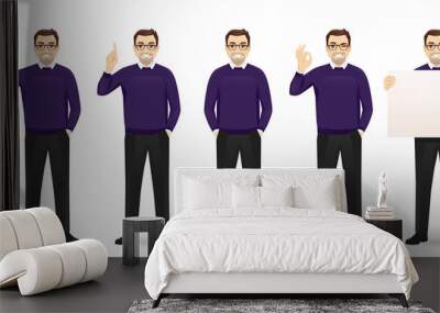 Mature business man in different poses set. Various gestures - pointing, showing ok sign, standing, holding empty blank board isolated vector illustration Wall mural