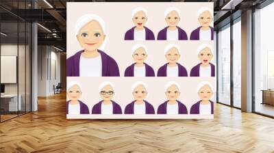 Mature senior woman with different facial expressions set isolated vector illustration Wall mural