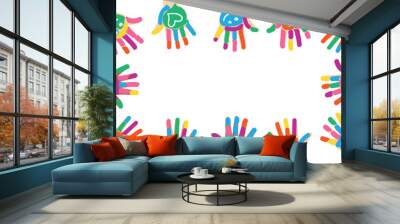 Multiethnic diverse painted colorful hands of children with smile and heart shape isolated vector illustration on white background Wall mural