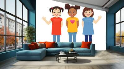 Multiethnic girls friends. Three different female kid faces. Asian, african and caucasian standing isolated vector illustration Wall mural