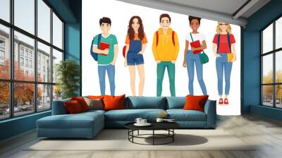 Multiethnic young people in casual clothes with backbackpacks and books. Asian, african and caucasian students standing isolated vector illustration Wall mural